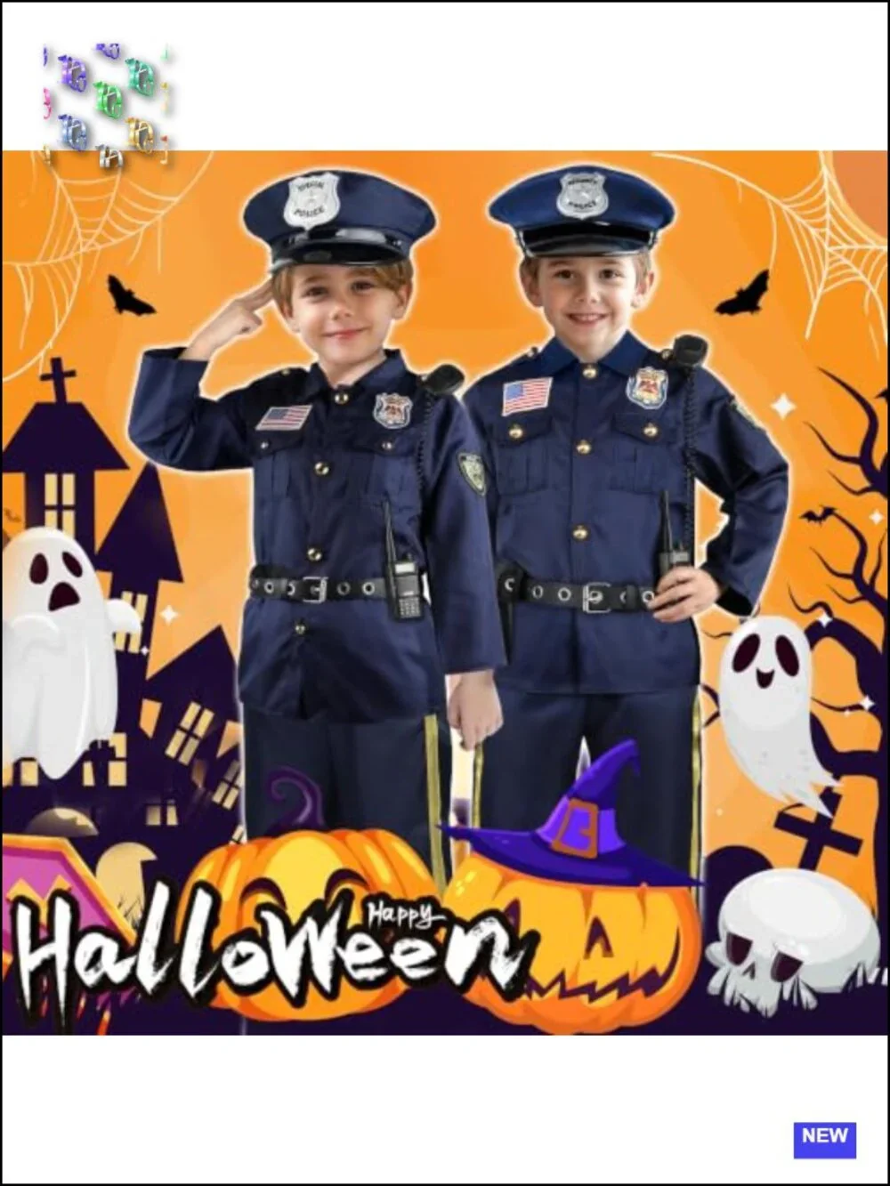 Kids Police Officer Costume Set - 5 Piece Halloween Dress Up Uniform with Hat &